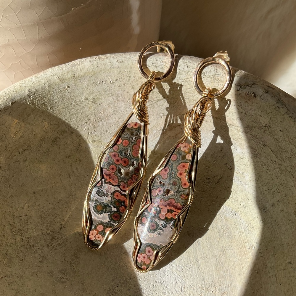 SOLD - 14k Gold Filled Madagascar Ocean Jasper Healing Stone Earrings - Picture 5 of 14
